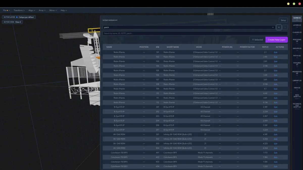 3D stage view with the fixture patch table open alongside it