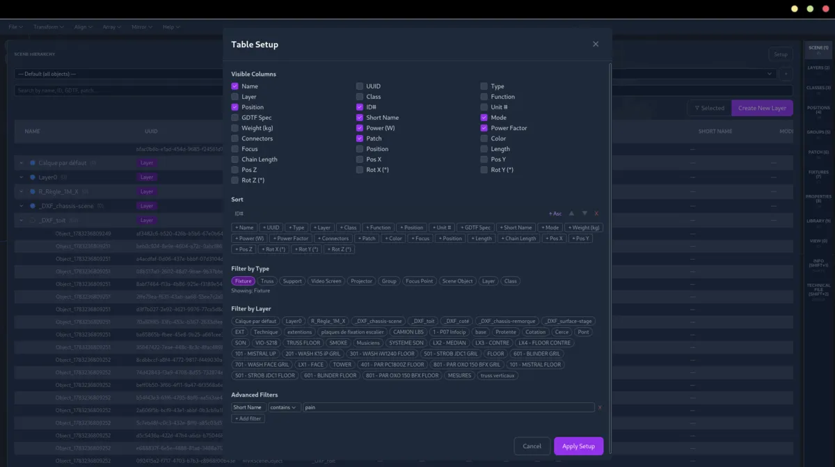 Table setup panel with configurable columns and filters