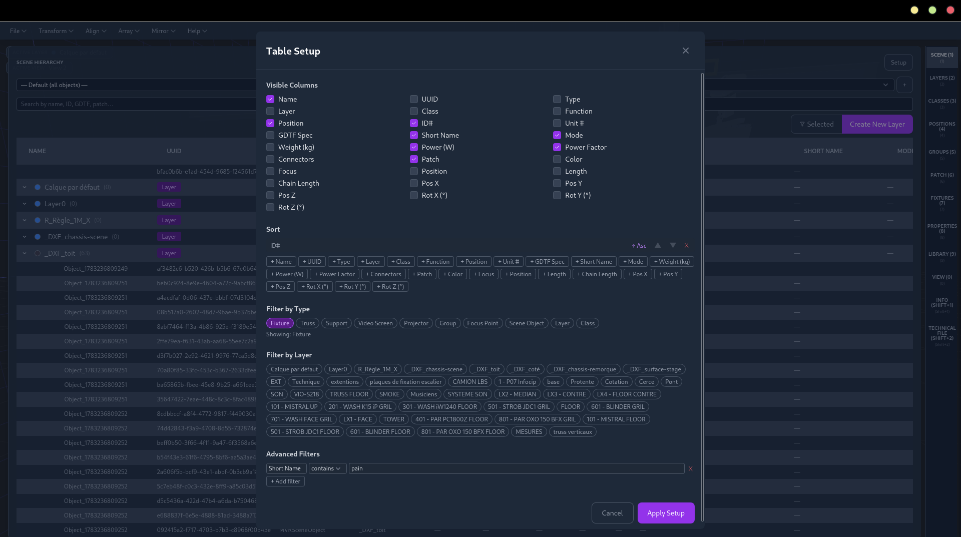Table setup panel with configurable columns and filters