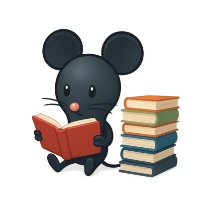 Logodic, the LOGODENN mascot, reading next to a stack of books