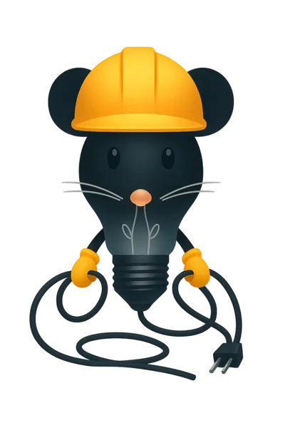 Logodic, the LOGODENN mascot, in a hard hat with a power cable